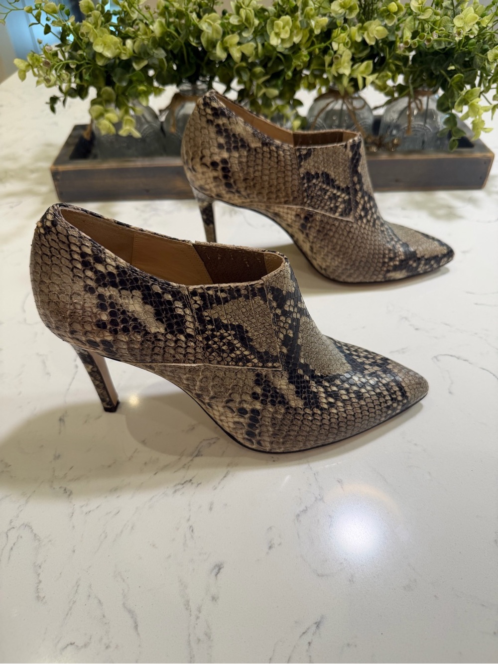 Inez Snake-Print Pointed Toe Stiletto Booties - Taupe/Black